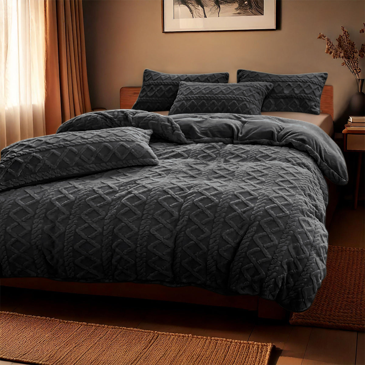 Dekbedovertrek Set Jacquard Teddy Antrhacite