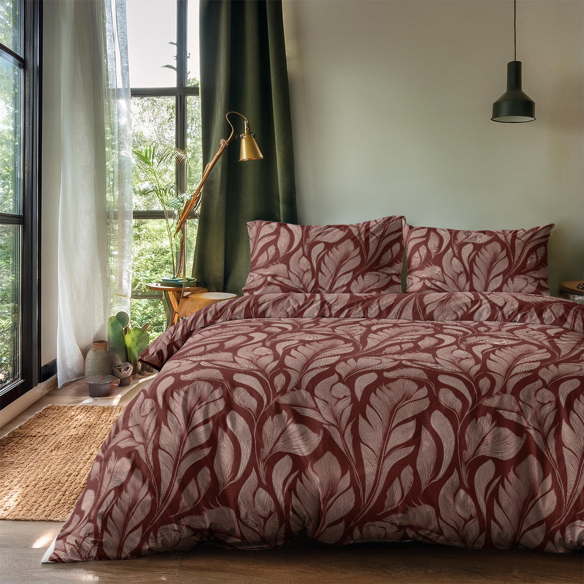 Dekbedovertrek Set Microvezel Burgundy leafs