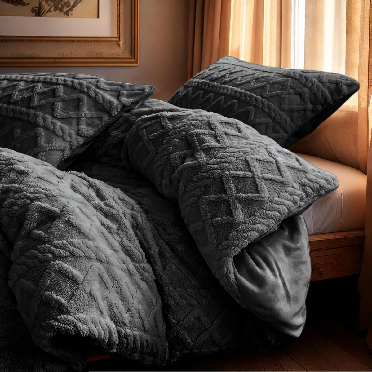 Dekbedovertrek Set Jacquard Teddy Antrhacite