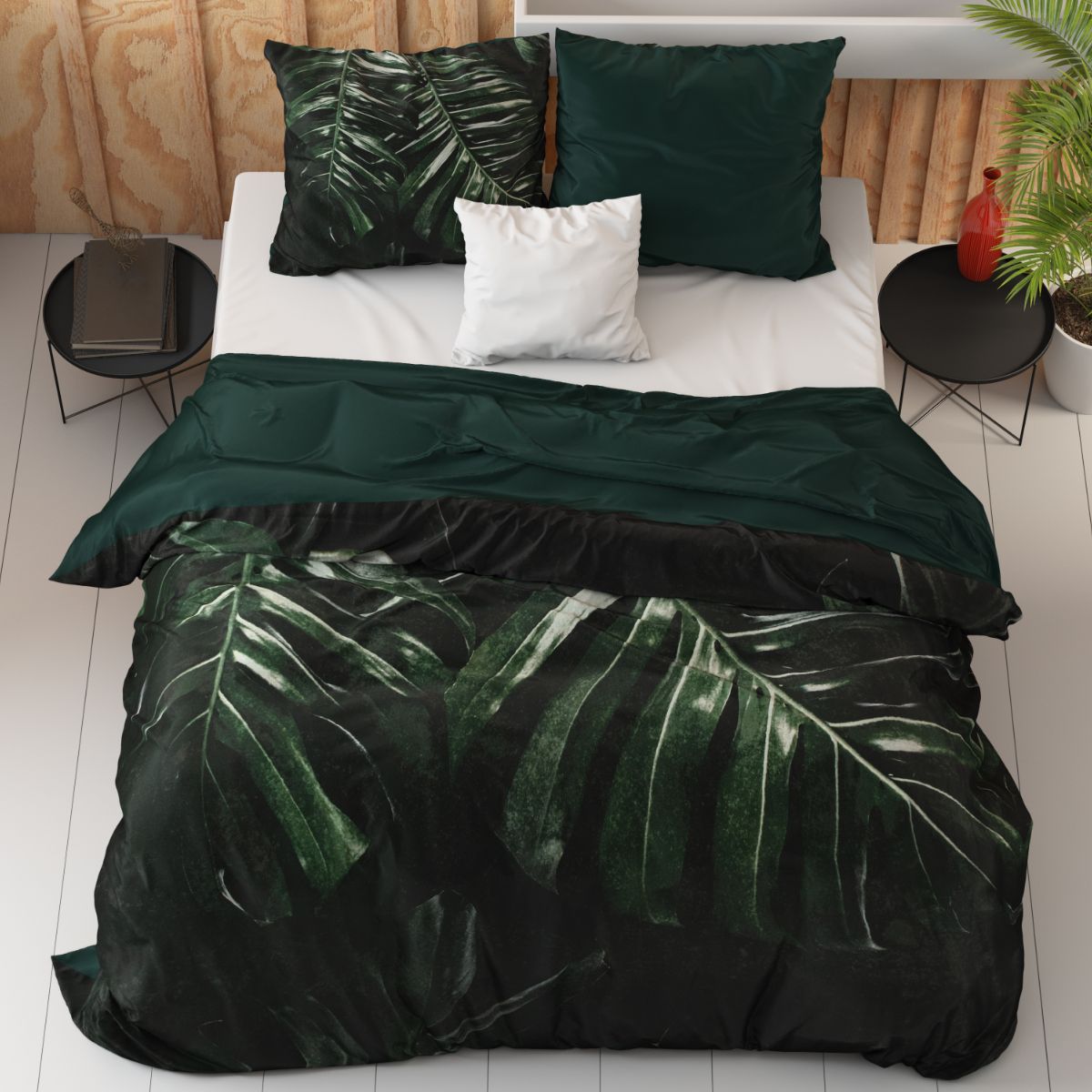 Art Deco Monstera Groen Satijnkatoenen Dekbedovertrek en Kussenslopen
