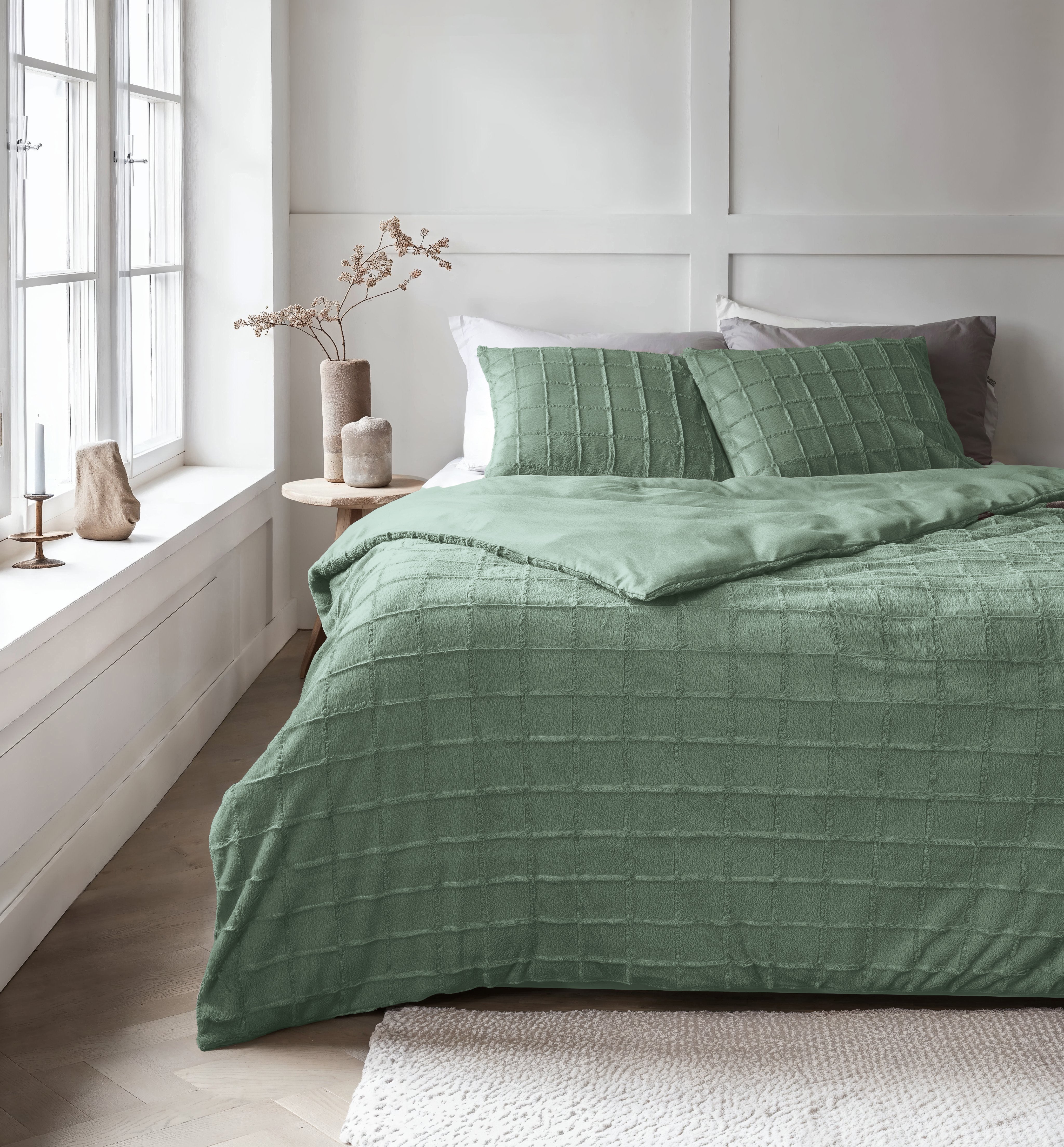 Dekbedovertrekset Faux Fur Check Donker Groen