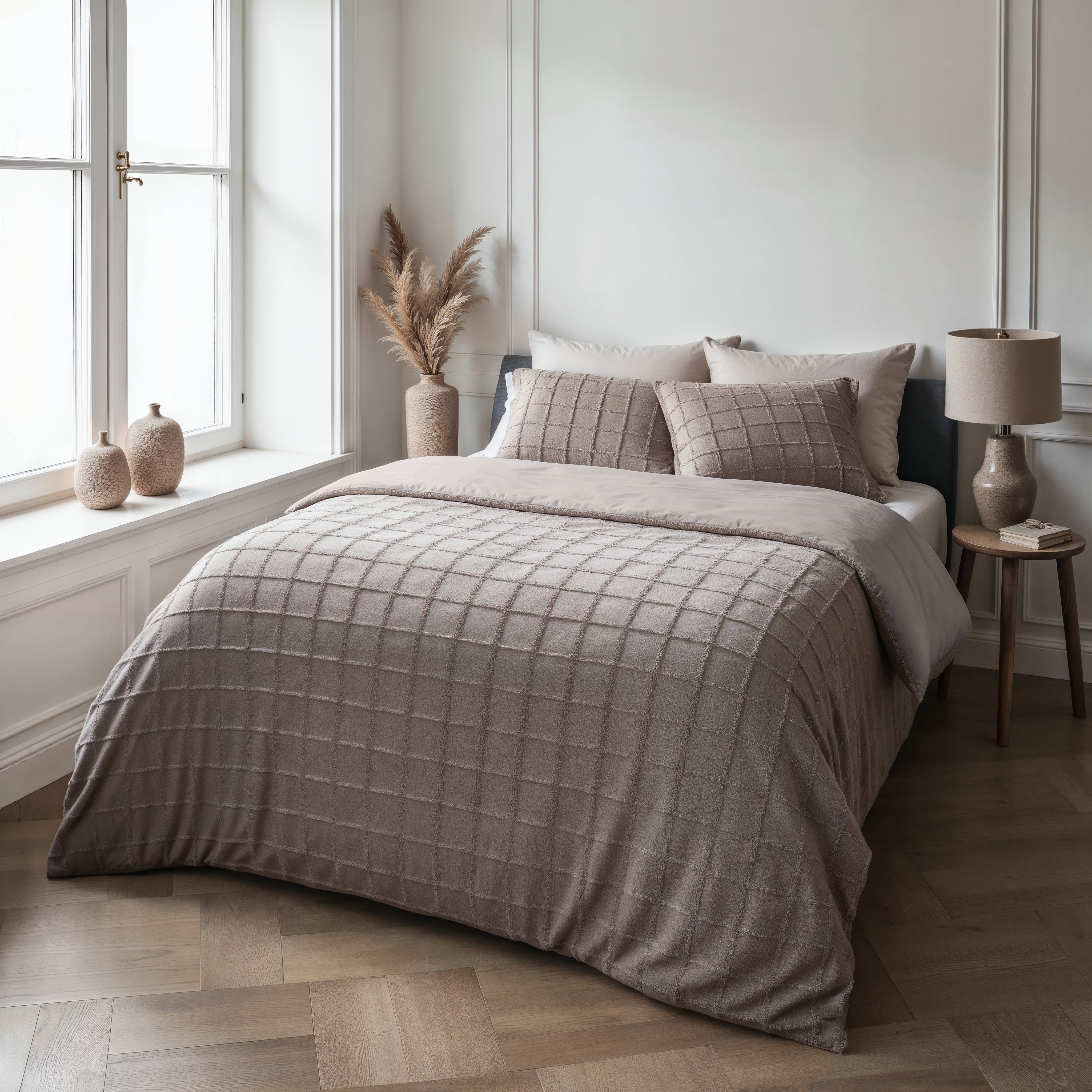 Dekbedovertrekset Faux Fur Check Taupe