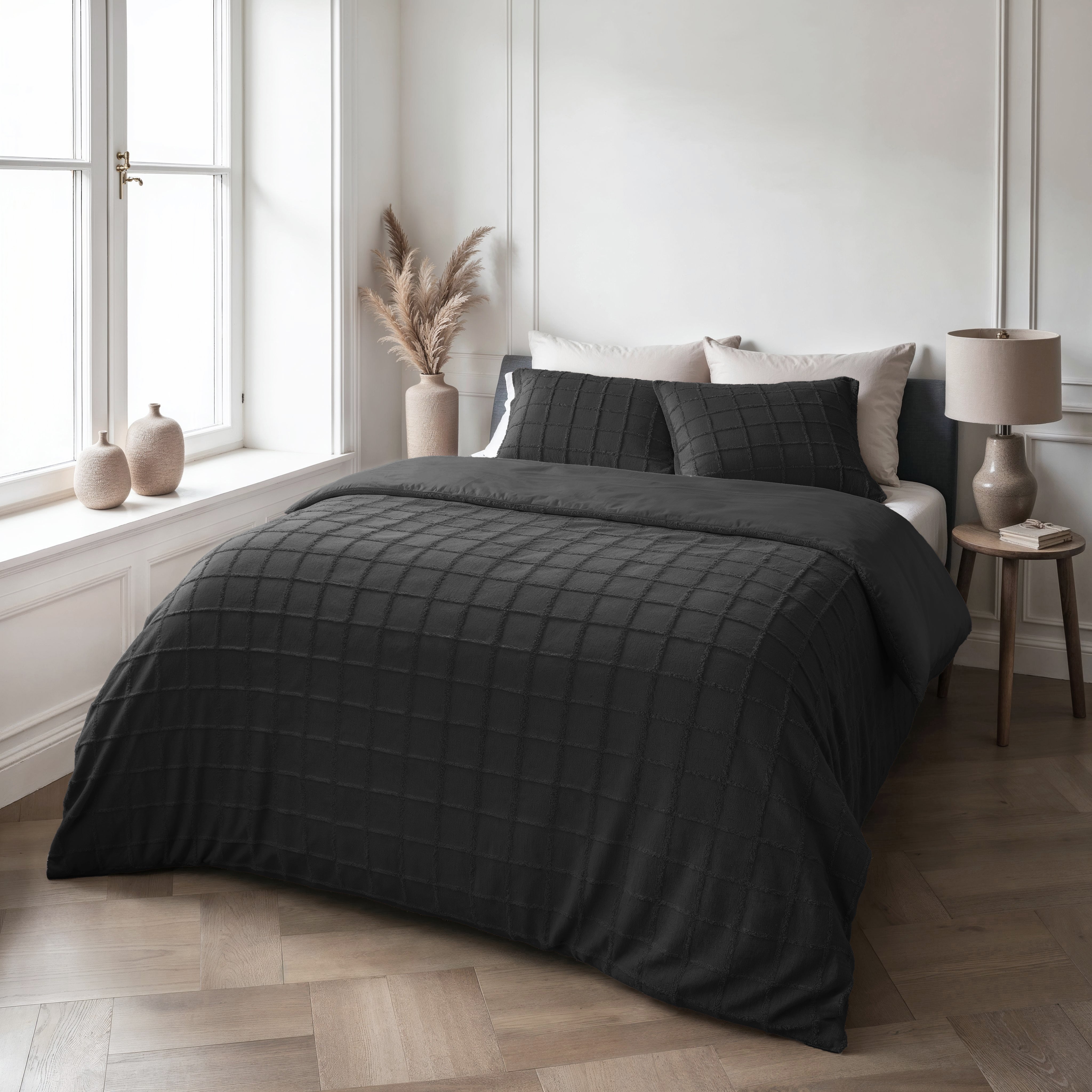 Dekbedovertrekset Faux Fur Check Zwart