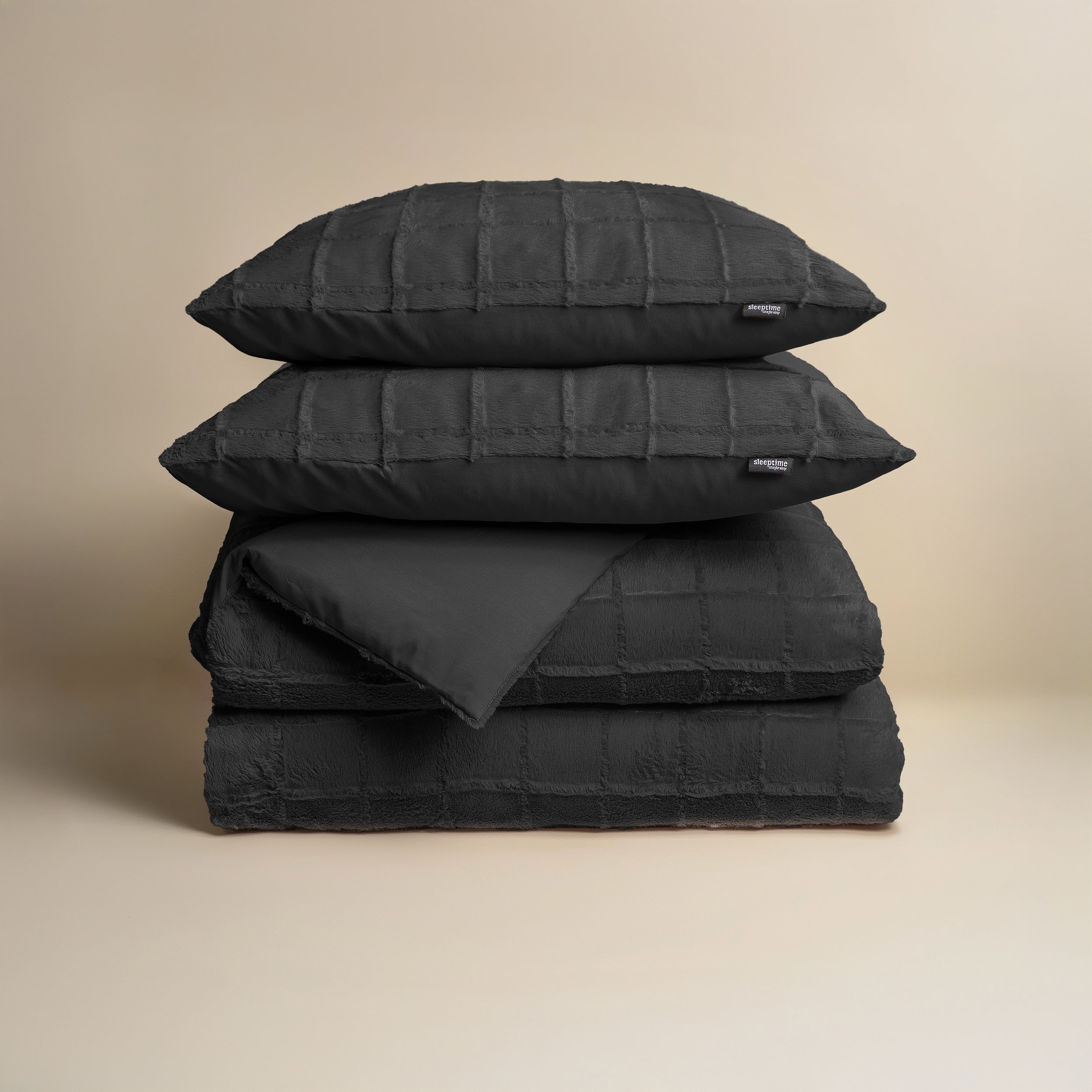 Dekbedovertrekset Faux Fur Check Zwart