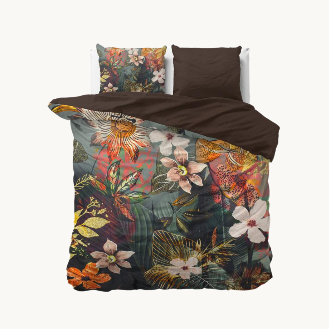 Katoen Satijnen Dekbedovertrek Art Deco Bloemen Zwart/Terra