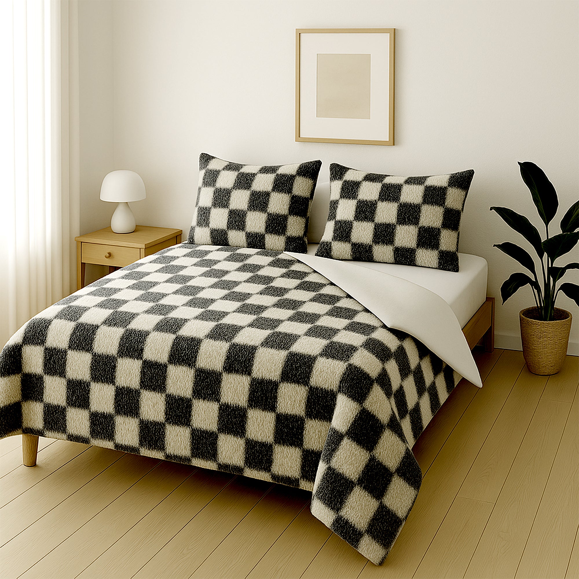 Dekbedovertrekset Soft Velvet Fleece Chess Zwart