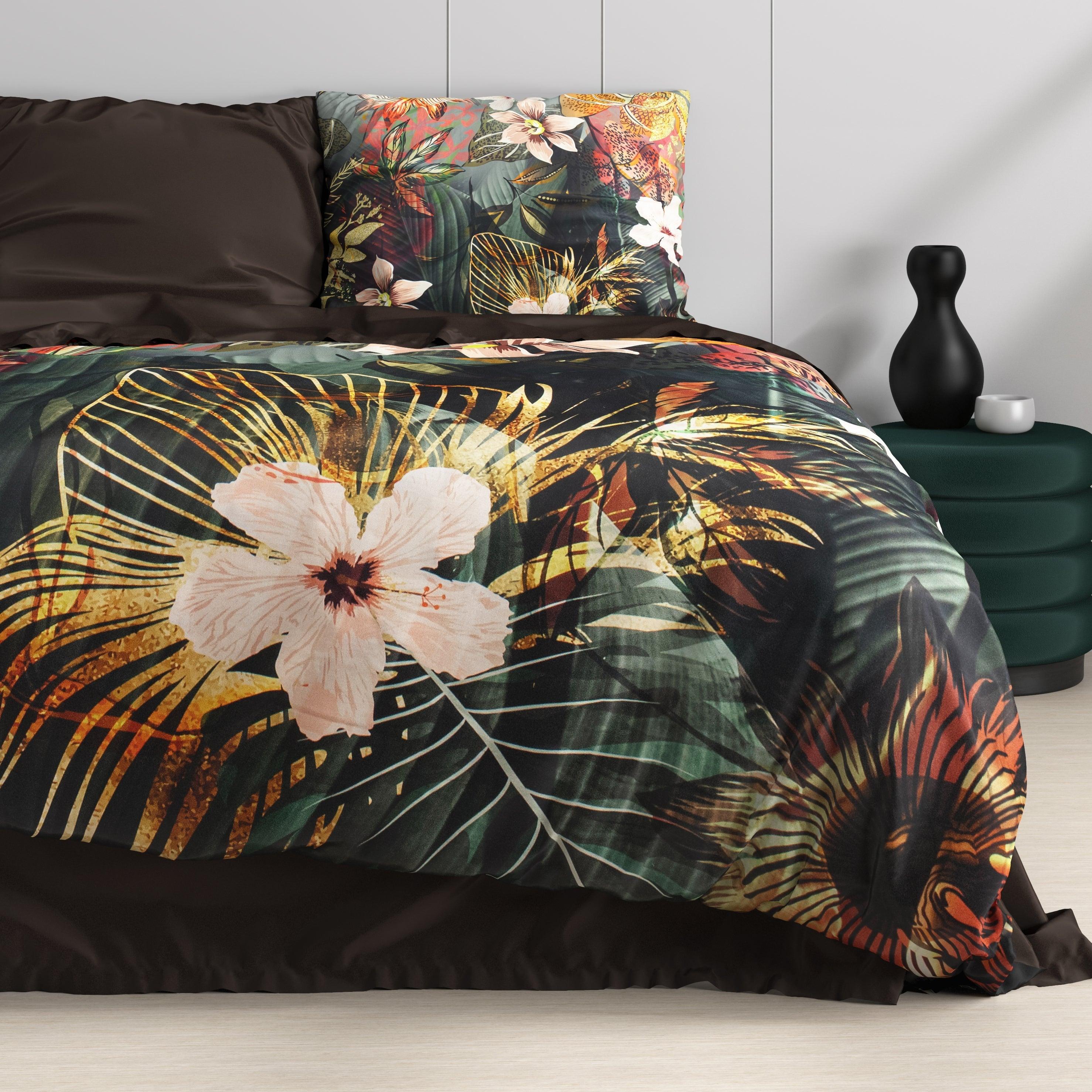 Katoen Satijnen Dekbedovertrek Art Deco Bloemen Zwart/Terra